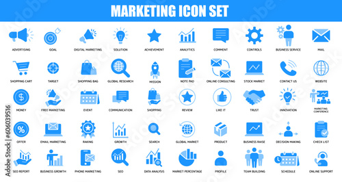 Marketing fill icon set of advertise, goal, target, shopping, research, mission, review, innovation, growth, data analysis and more. Collection of modern icon and pictogram. 