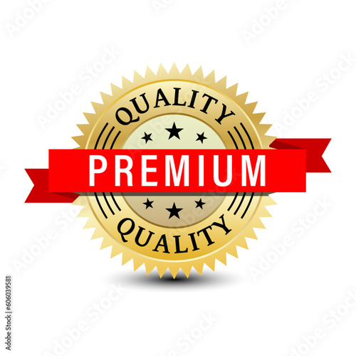 Premium quality golden badge design with red ribbon isolated on white background. 