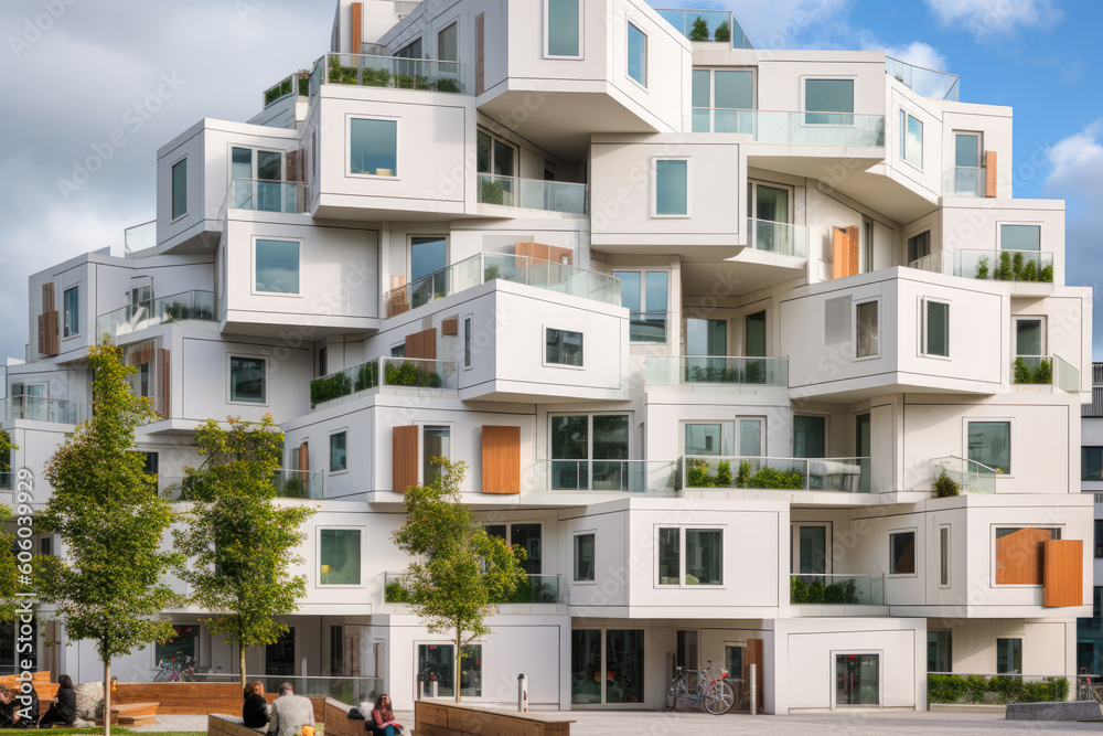 A contemporary apartment building with an exterior designed to look like a giant puzzle