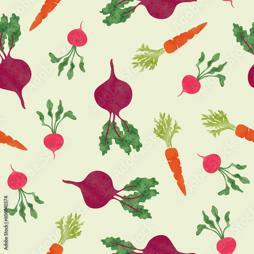 Seamless watercolor root vegetables pattern with carrot, beet and radish. Vector background	
