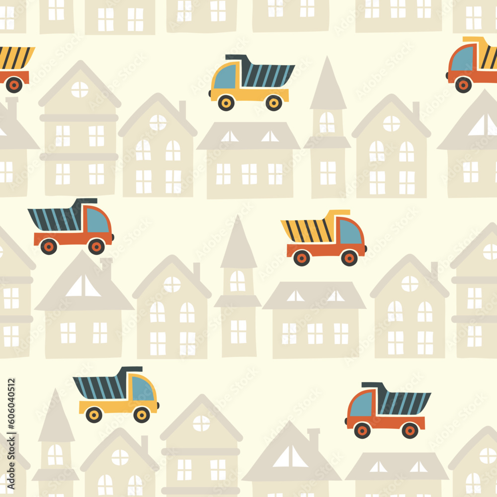 Seamless cartoon trucks and houses pattern. Vector childish illustration