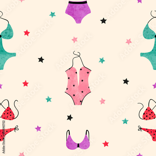 Seamless pattern with colorful woman beach clothes. Cartoon watercolor swimsuit, bikini, monokini. Vector illustration of swimwear design.