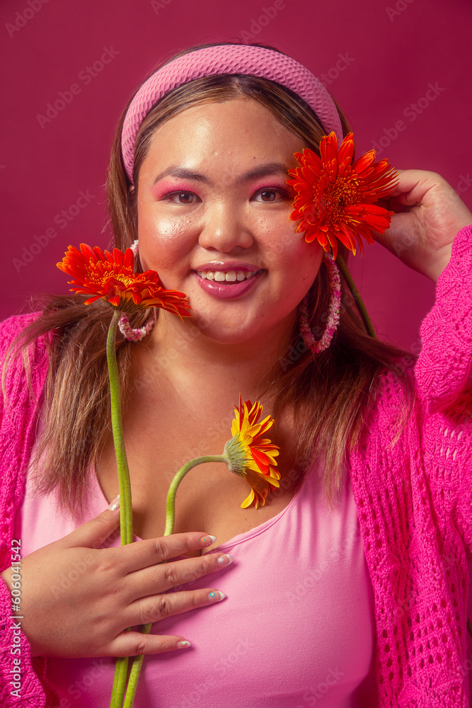 Naklejka premium Asian female colour blocked fashion studio portrait