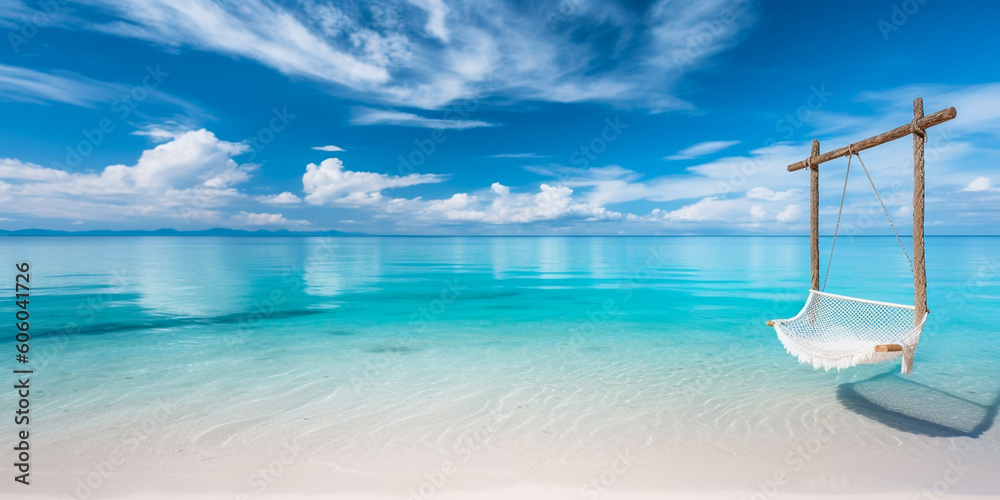 Tropical beach with hammock style swing chair