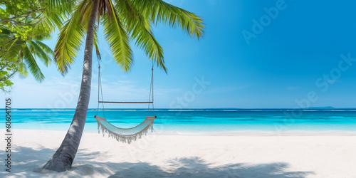 Tropical beach with hammock style swing chair