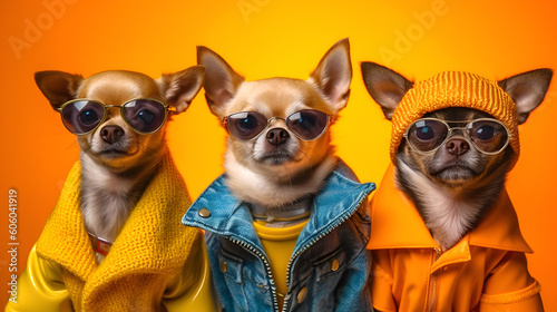 Creative animal concept. Gang family of chihuahua dog puppy in vibrant bright fashionable outfits, commercial, editorial advertisement, surreal surrealism. Group shot. Generative AI 