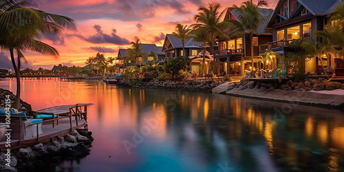 Exotic tropical paradise  beautiful waterfront village in the distance  glowing sunset at river  rainforest 