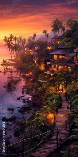 Exotic tropical paradise, beautiful waterfront village in the distance, glowing sunset at river, rainforest  © Artofinnovation