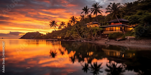 Exotic tropical paradise, beautiful waterfront village in the distance, glowing sunset at river, rainforest  © Artofinnovation