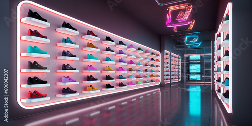 Cuadro en lienzo Futuristic sneaker shoe store with bright neon lights, design and architecture i