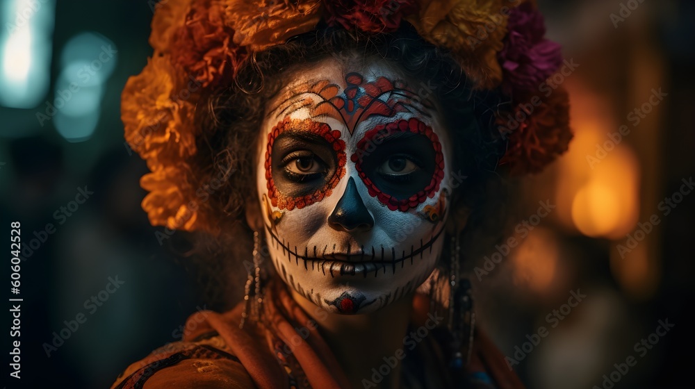 Portrait of a beautiful woman with sugar skull makeup