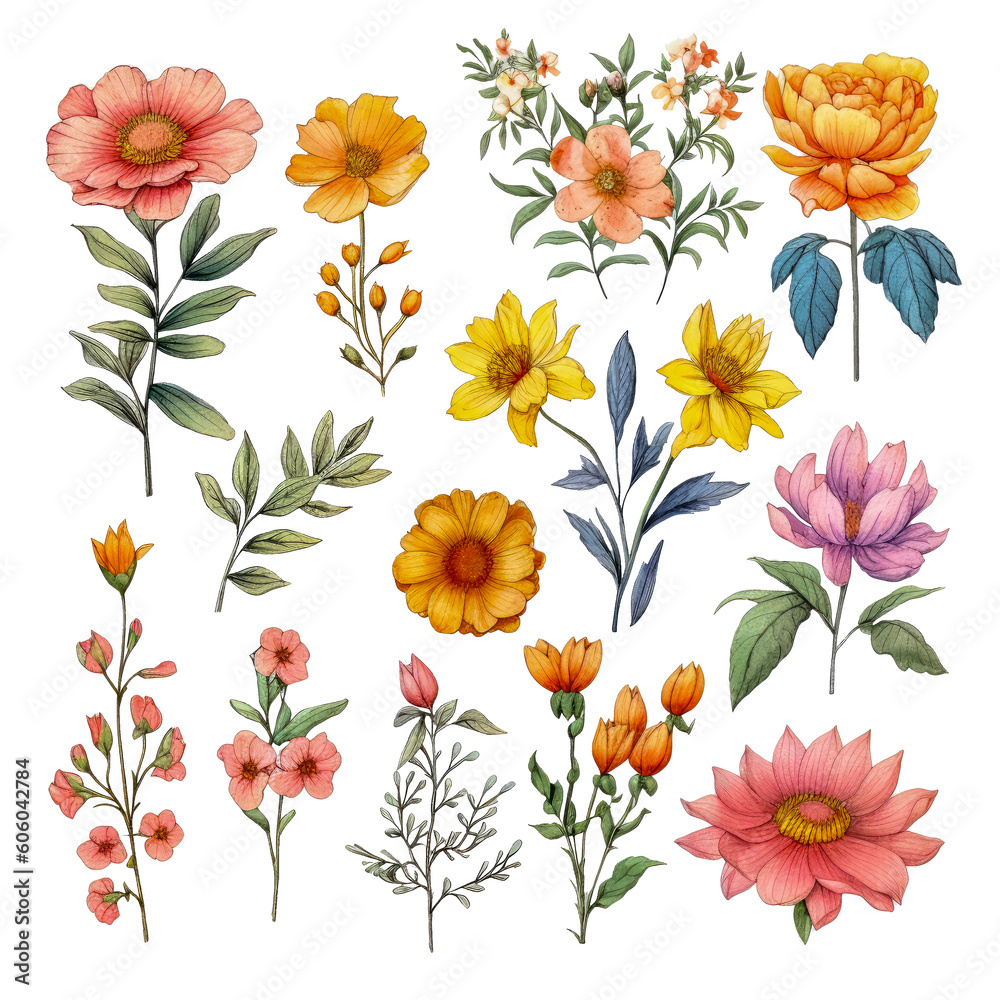 Delicate Watercolor Wildflower Clipart with Minimalist Design, Vivid Colors, and Transparent Background AI generated

