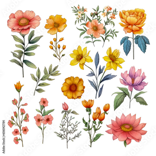 Delicate Watercolor Wildflower Clipart with Minimalist Design, Vivid Colors, and Transparent Background AI generated 