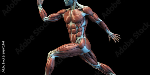 Human anatomy of male, skeletal and muscular structure without skin, close up for medical and fitness purposes