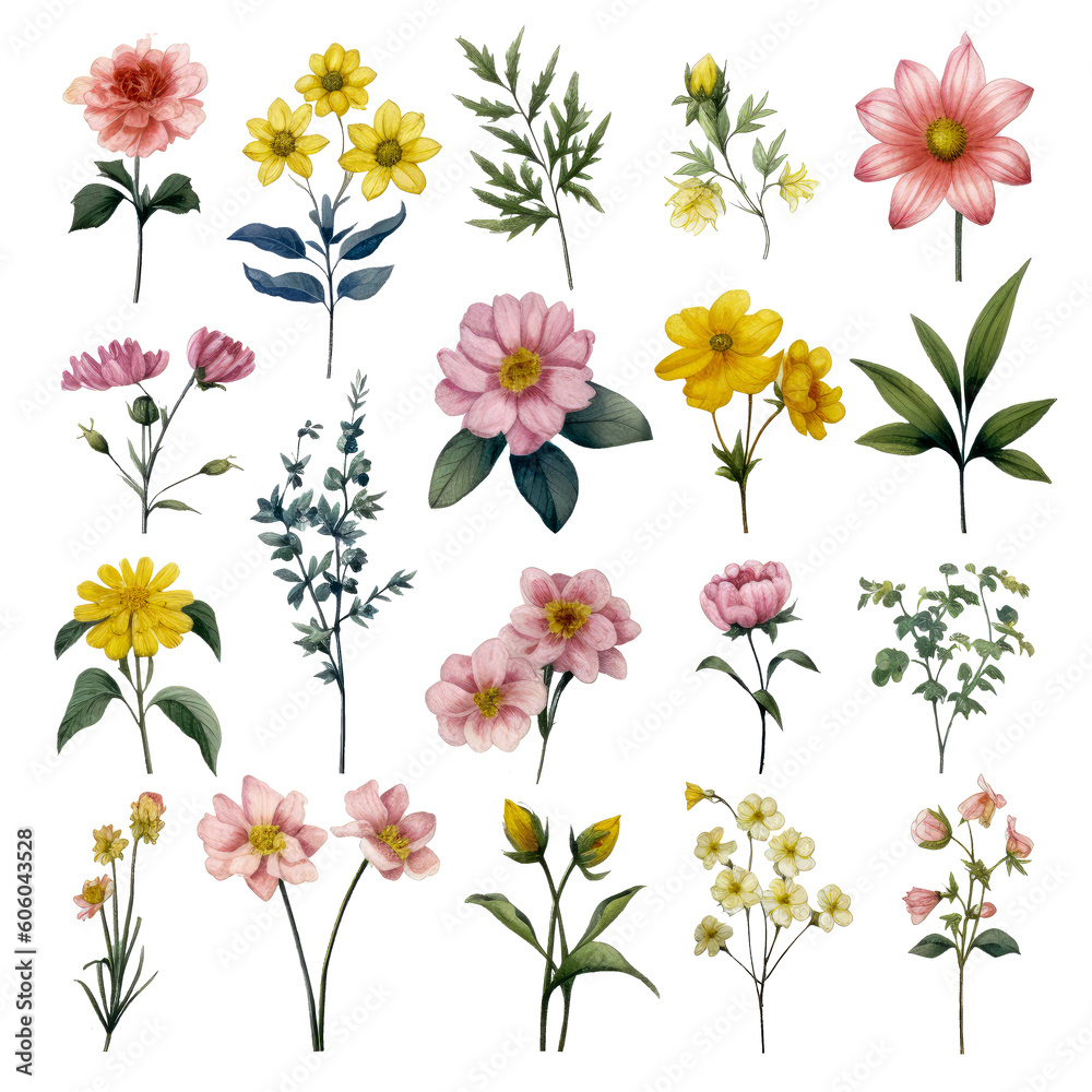 Delicate Watercolor Wildflower Clipart with Minimalist Design, Vivid Colors, and Transparent Background AI generated
