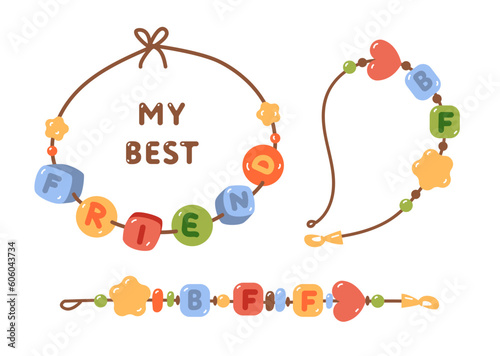 Best friend bracelet. Handmade beads bracelet. Cartoon 90s funky bracelets. Old Friendship bands with letters. Hand drawn vector illustration
