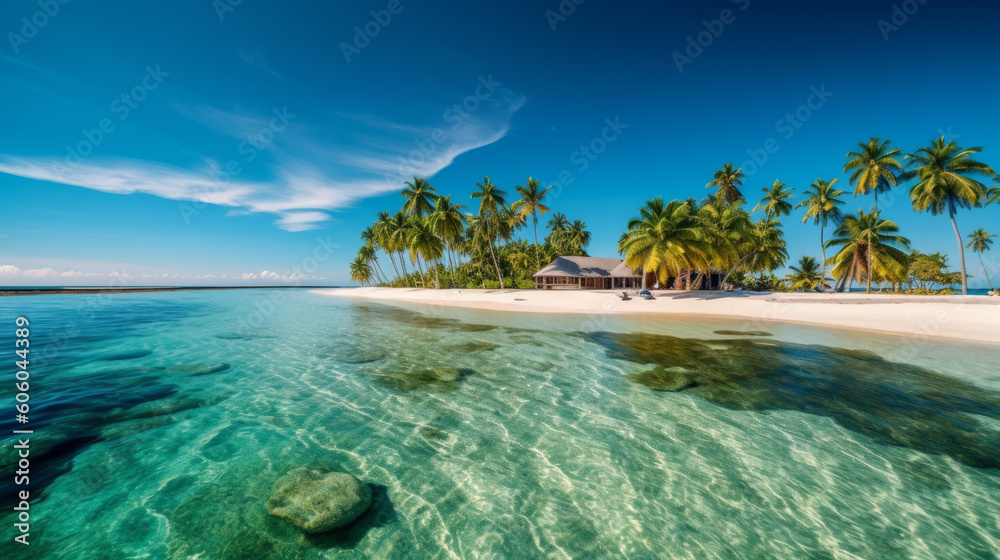 photo of tropical island with white sandy beaches, palm trees, and crystal-clear waters
