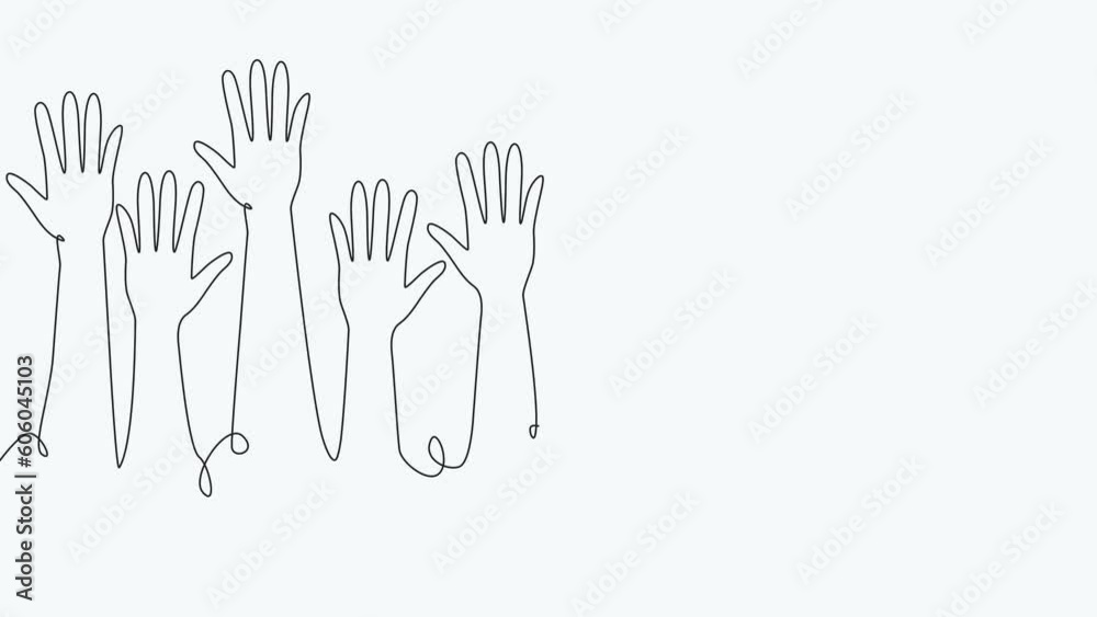 Animation of a continuous single line drawing of a group of hands raised up. The concept of voting, elections, business team work Animation of a continuous single line drawing of a group of hands raised up. The concept of voting, elections, business team work