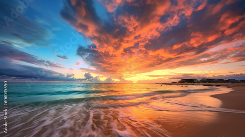 photo of sunset on the beach with vibrant colors and spectacular clouds