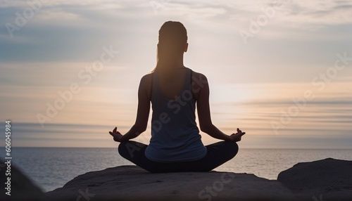 Silhouette woman yoga meditation sitting by the water, mental health care concept. AI generated