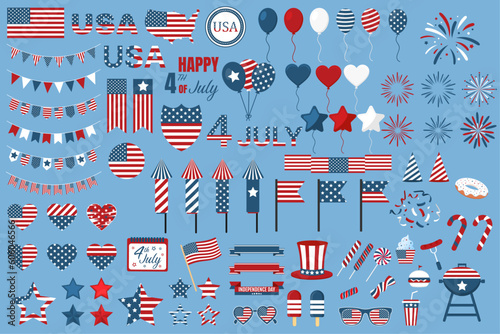 Big set for the Independence Day of the United States of America. 4th of July. Flags, balloons, hearts, stars, candy, fireworks, and other elements. Deep colors. Isolated vector on blue background.