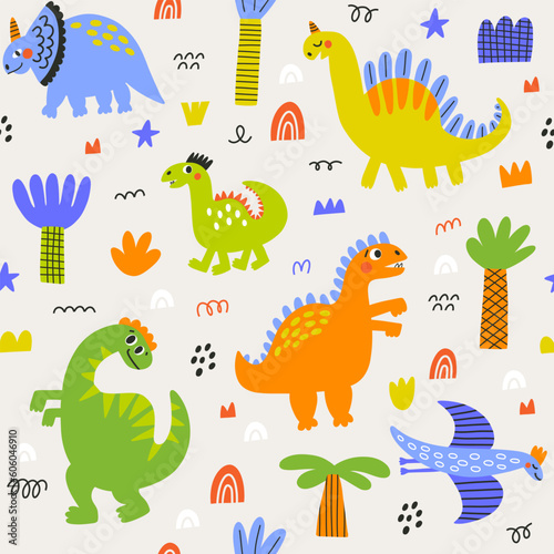 Dinosaur seamless pattern cute cartoon animal background. Hand drawn in kid style . The design used for print, wallpaper, fabric, textile Kids vector illustration © bosotochka