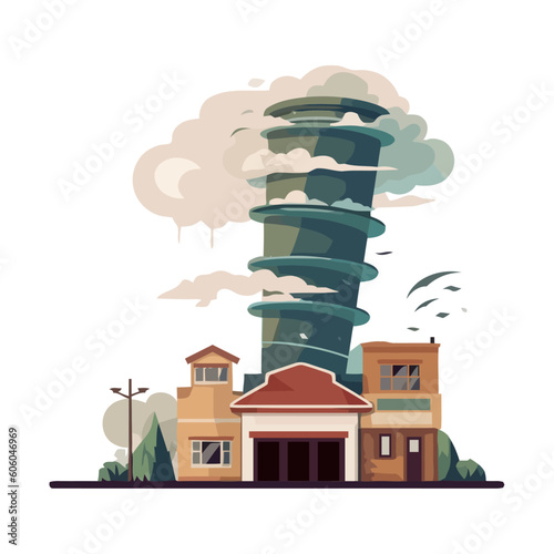 Tornado with spiral destroys a small house