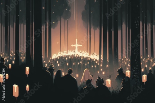 mourning, funeral, people attend a vigil and light candles in the forest, illustration, Generative AI