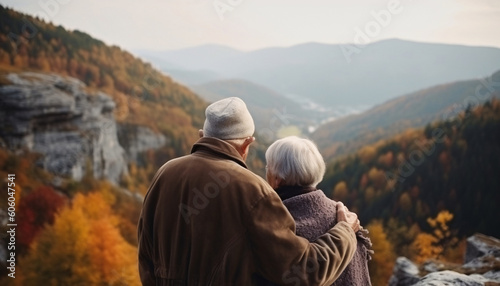 Elderly senior couple hugging while walking or traveling in the mountains, rear view, AI generated