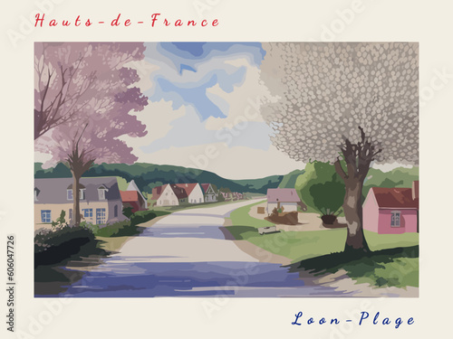 Loon-Plage: Postcard design with a scene in France and the city name Loon-Plage