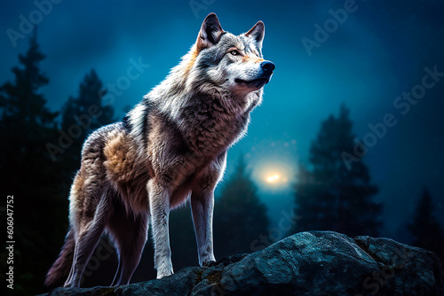 A wolf standing on a rock with a blue background and the words wolf on the left side.