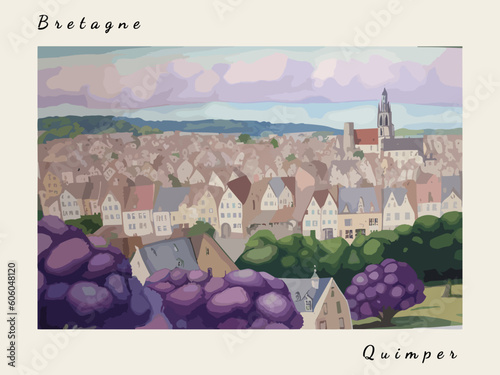 Quimper: Postcard design with a scene in France and the city name Quimper