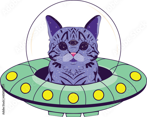 Purple alien cat in flying saucer