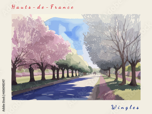 Wingles: Postcard design with a scene in France and the city name Wingles