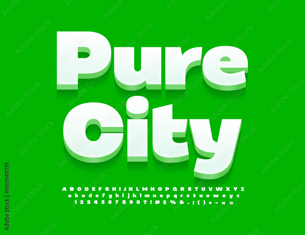 Vector trendy banner Pure City. Modern White 3D Font. Creative Alphabet Letters and Numbers set Vector trendy banner Pure City. Modern White 3D Font. Creative Alphabet Letters and Numbers set