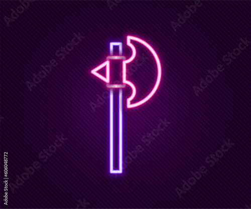 Glowing neon line Medieval axe icon isolated on black background. Battle axe, executioner axe. Medieval weapon. Colorful outline concept. Vector