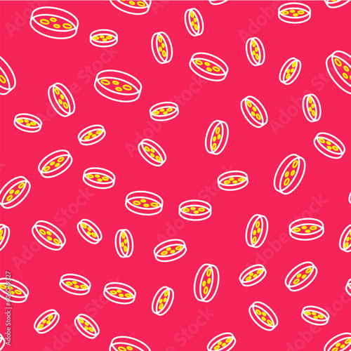 Line Petri dish with bacteria icon isolated seamless pattern on red background. Vector