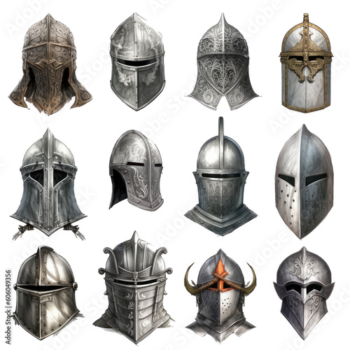 Detailed Concept Designs of Medieval Helmets on Realistic Transparent Background AI generated 