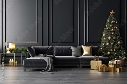 Living Room Christmas interior in Scandinavian style. AI generated