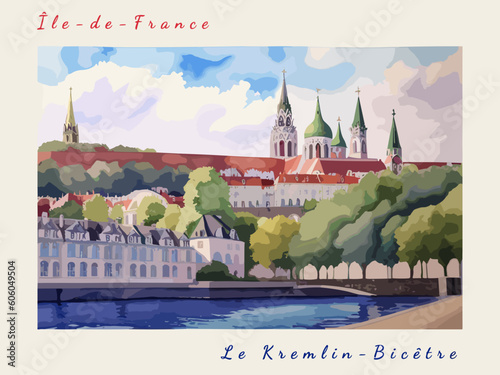 Le Kremlin-Bicêtre: Postcard design with a scene in France and the city name Le Kremlin-Bicêtre