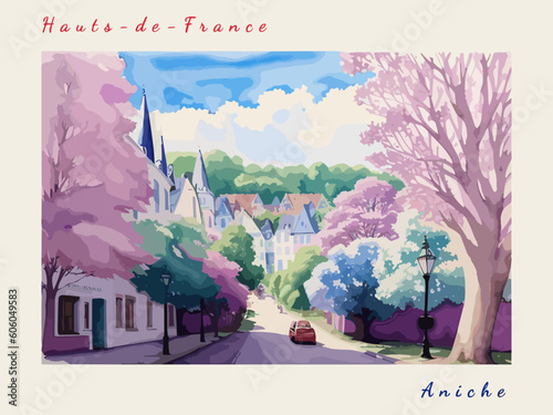 Aniche: Postcard design with a scene in France and the city name Aniche