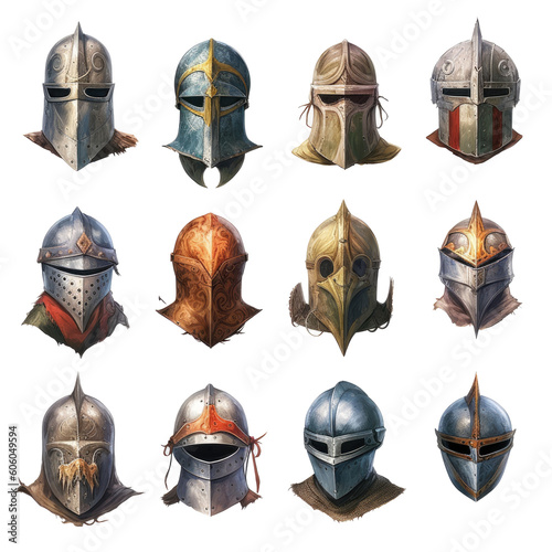 Detailed Concept Designs of Medieval Helmets on Realistic Transparent Background AI generated 