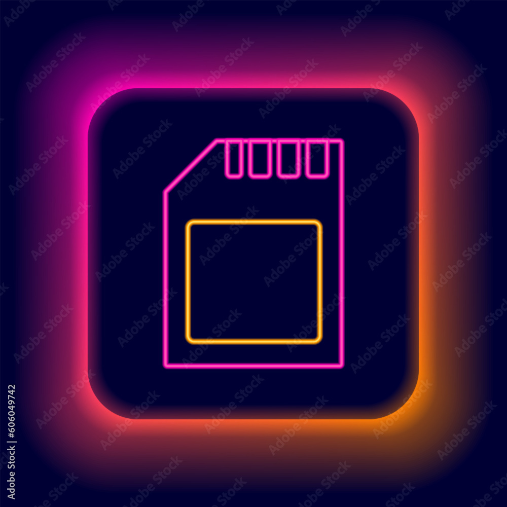 Glowing neon line SD card icon isolated on black background. Memory card. Adapter icon. Colorful outline concept. Vector Glowing neon line SD card icon isolated on black background. Memory card. Adapter icon. Colorful outline concept. Vector
