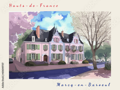 Marcq-en-Baroeul: Postcard design with a scene in France and the city name Marcq-en-Baroeul
