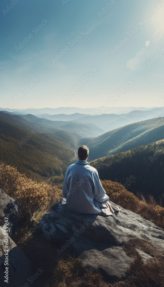 Man yoga meditation sitting on a rock in the mountains in nature, mental health care concept. AI generated