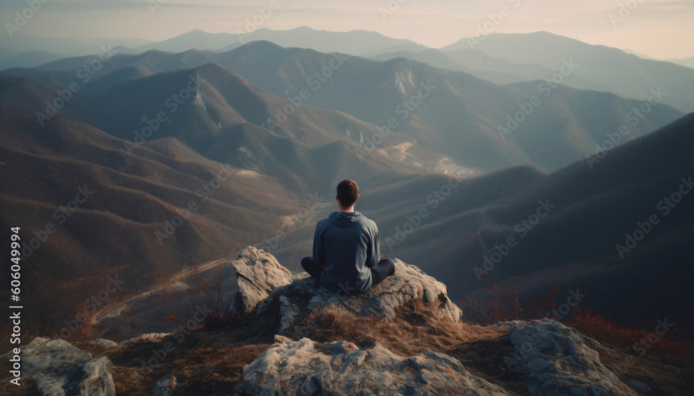 Mental health concept, a man meditating sitting on stones in the mountains, AI generated.