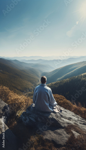 Man yoga meditation sitting on a rock in the mountains in nature, mental health care concept. AI generated © perfectlab