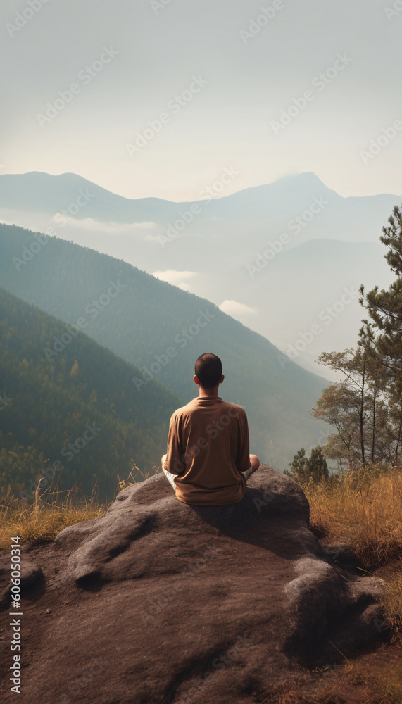 Man yoga meditation sitting on a rock in the mountains in nature, mental health care concept. AI generated