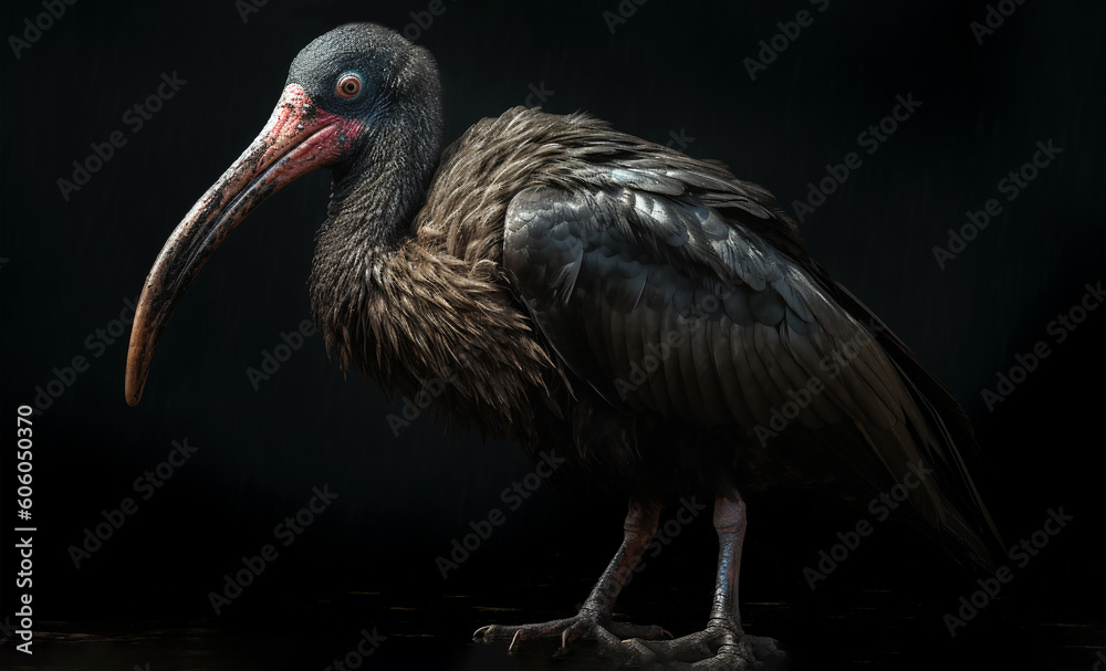 Obraz premium A large dark bird with a red beak, Northern bald ibis, Generated AI