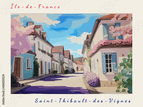 Saint-Thibault-des-Vignes: Postcard design with a scene in France and the city name Saint-Thibault-des-Vignes